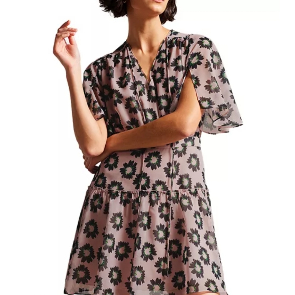 Ted Baker Pink Black V-Neck Floral Boho Mini Dress Spring Ruffle Hem Designer 3
